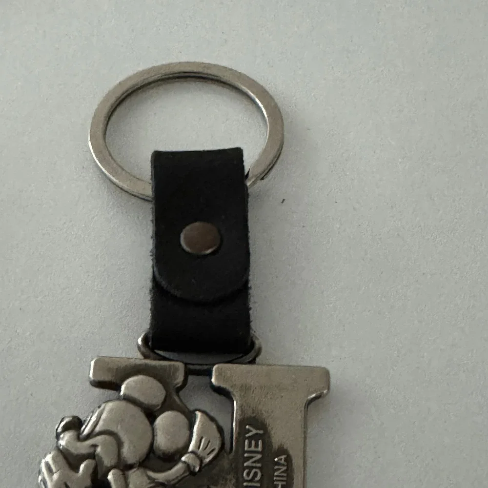 Disney Mickey Mouse Letter K Keychain Black Leather Strap Silver Tone‎